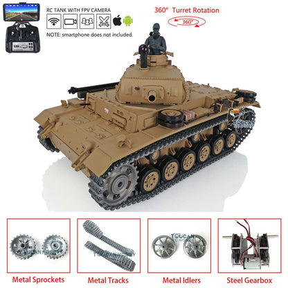 Henglong 1/16 Scale 7.0 Upgraded FPV Panzer III H RTR RC Tank 3849 360 Degrees Turret Metal Tracks Barrel Sprocket Wheels FPV