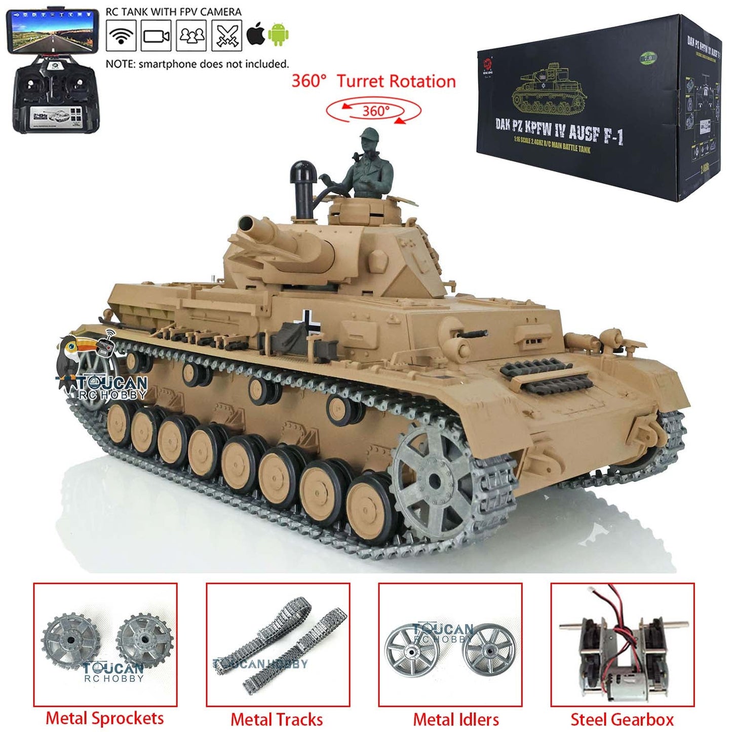 TOUCAN RC HOBBY Henglong 1/16 TK7.0 Promotion German Panzer IV F 3858 RTR RC Tank 360 Degrees Turret Smoke IR BB Metal Barrel Sprockets Idlers Wheels Tracks Gearbox