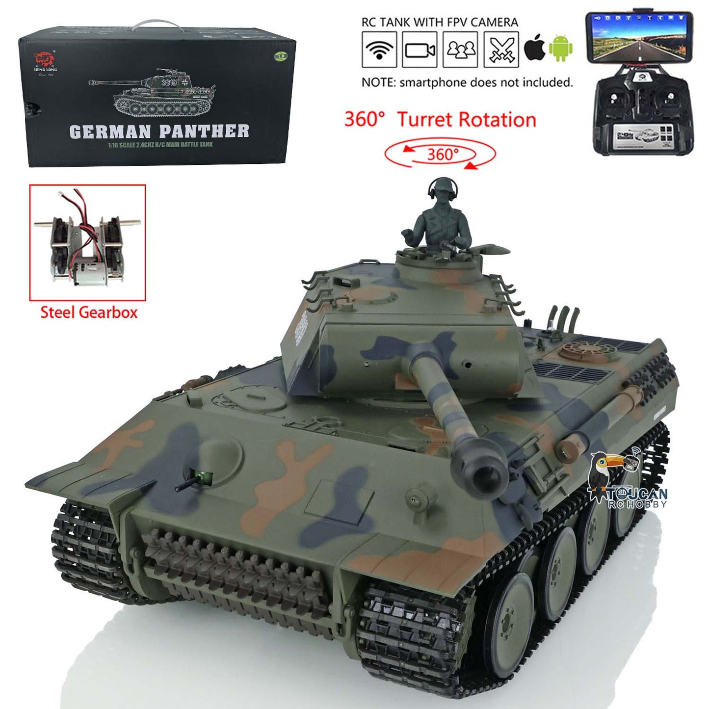TOUCAN RC HOBBY Henglong TK7.0 1/16 Plastic German Panther RTR RC Tank 3819 FPV 360 Degrees Turret BB IR Smoke Sounds Lights Metal Steel Driving Gearbox