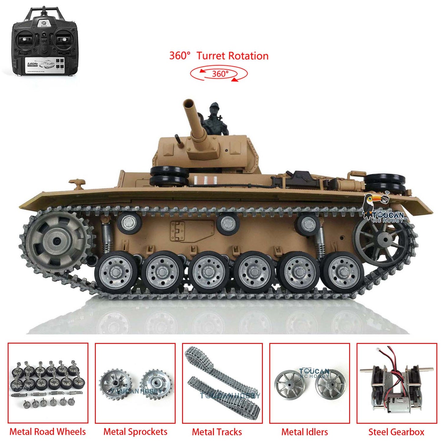 In Stock Henglong 1/16 7.0 Customized Panzer III H RTR RC Tank 3849 Heavy Model Metal Tracks Wheels Radio Controller 360 Degree Turret Rotation Infrared Combating Receiver & Transmitter