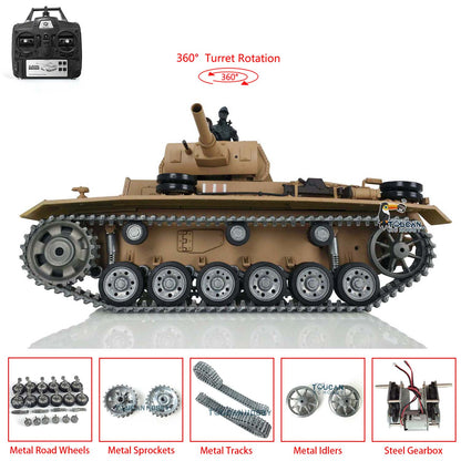 In Stock Henglong 1/16 7.0 Customized Panzer III H RTR RC Tank 3849 Heavy Model Metal Tracks Wheels Radio Controller 360 Degree Turret Rotation Infrared Combating Receiver & Transmitter