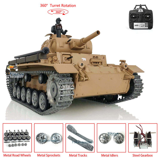 Henglong 1/16 7.0 Customized Panzer III H RTR RC Tank 3849 Heavy Model Metal Tracks Wheels Radio Controller 360 Degree Turret Rotation Infrared Combating Receiver & Transmitter