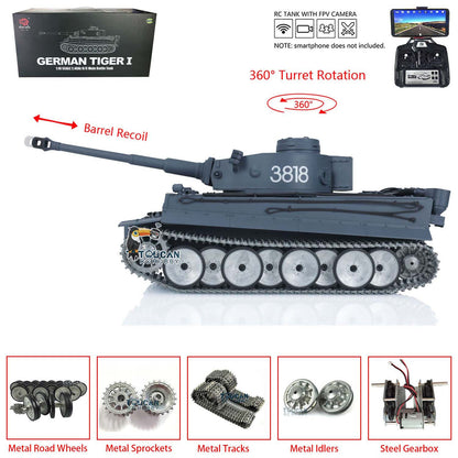 TOUCAN RC HOBBY Henglong 1/16 TK7.0 3818 Tiger I RTR RC Tank FPV 360 Degrees Turret Barrel Recoil Smoke Metal Tracks Sprockets Idlers Road Wheels Hand Spray Painting Color