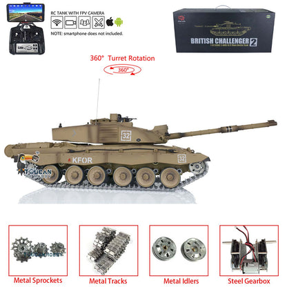 TOUCAN RC HOBBY Henglong 1/16 TK7.0 Promotion British Challenger II 3908 RTR RC Tank 360 Degrees Turret BB IR Smoke Sound Light Metal Sprockets Idlers Wheels