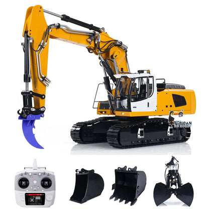 MTM 946-3 Metal 1/14 Excavator Hydraulic Crawler with 6-Way Valve and 4MPa Pump including T12D Radio and Clamshell Bucket with Ripper and 2 Extra Buckets without Battery