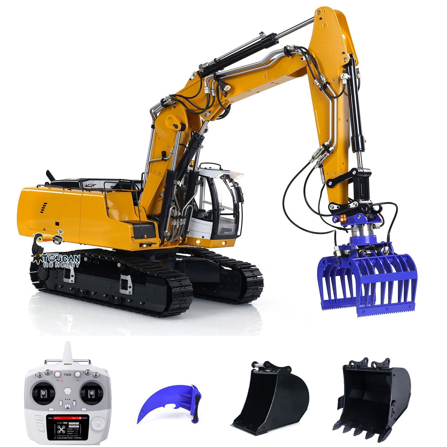 MTM 946-3 Metal 1/14 Excavator Hydraulic Crawler with 6-Way Valve and 4MPa Pump including T12D Radio and Hydraulic Grab with Buckets and Ripper without Battery