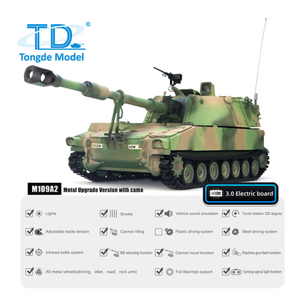 Tongde Model 1/16 M109A2 RC Tank RTR Self-propelled Howitzer Sound Light Metal Wheels Smoke BB Unit Barrel Recoil System