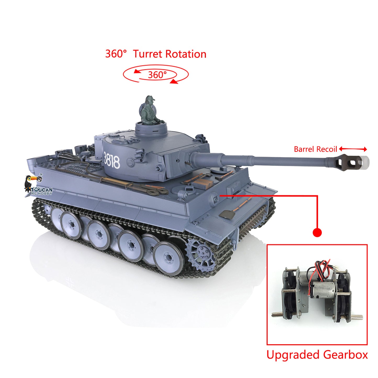 Henglong 1/16 Plastic German Tank 3818 Tiger I RC Tank 7.0 Version Battle Tank w/ 360Degrees Rotating Turret Barrel Recoil Steel Gearbox