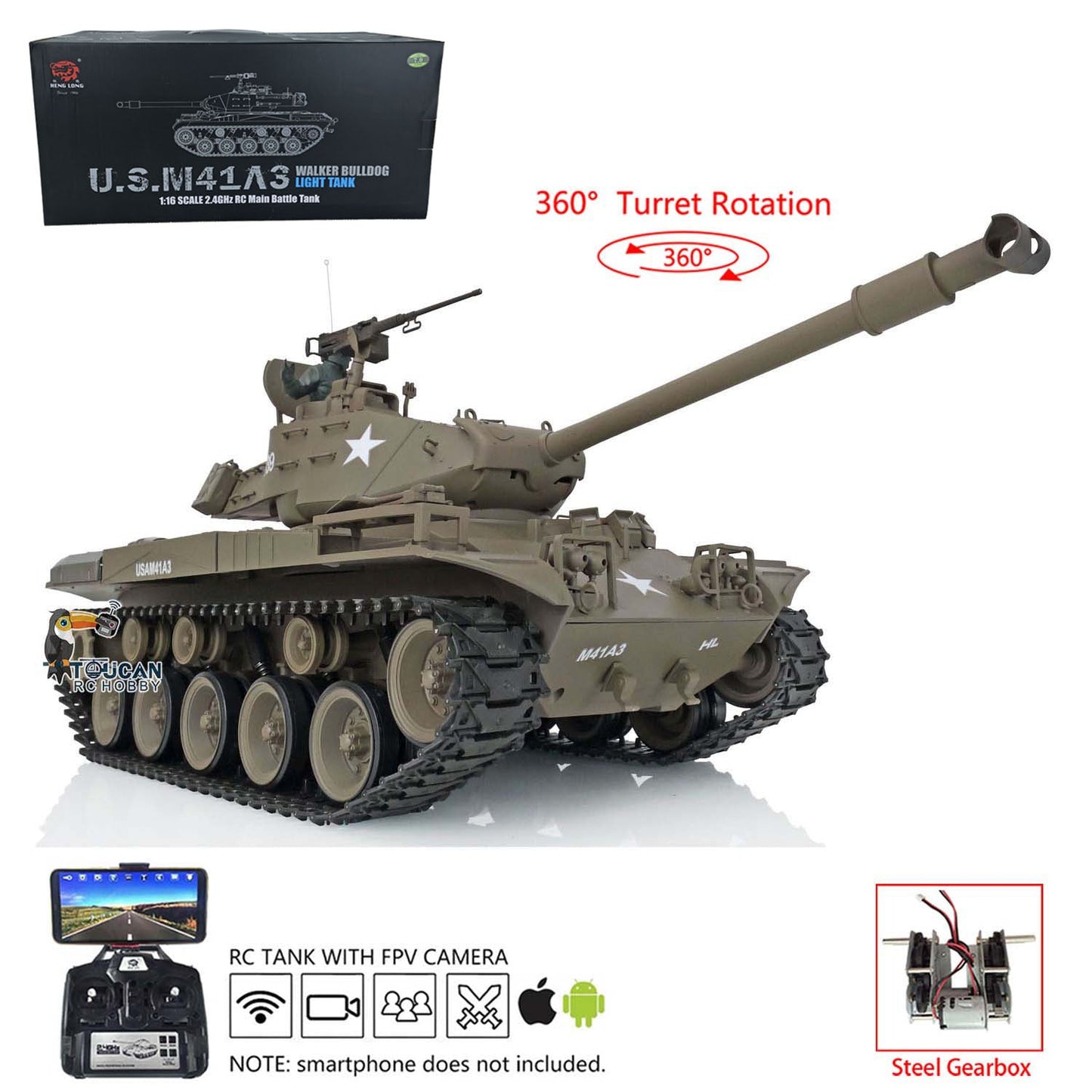 TOUCAN RC HOBBY Henglong 1/16 Plastic TK7.0 USA Walker Bulldog 3839 RTR RC Tank FPV 360 Degrees Turret Smoke BB IR Sounds Lights Steel Driving Gearbox