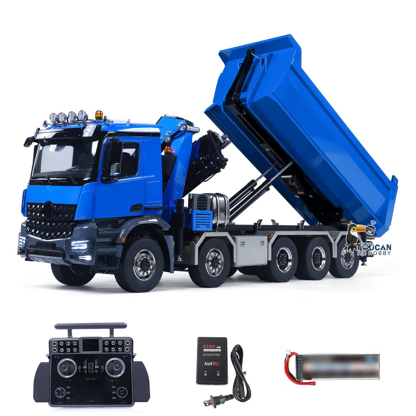 Full view of 10x10 RC crane dumper truck, fully painted and assembled RTR model
