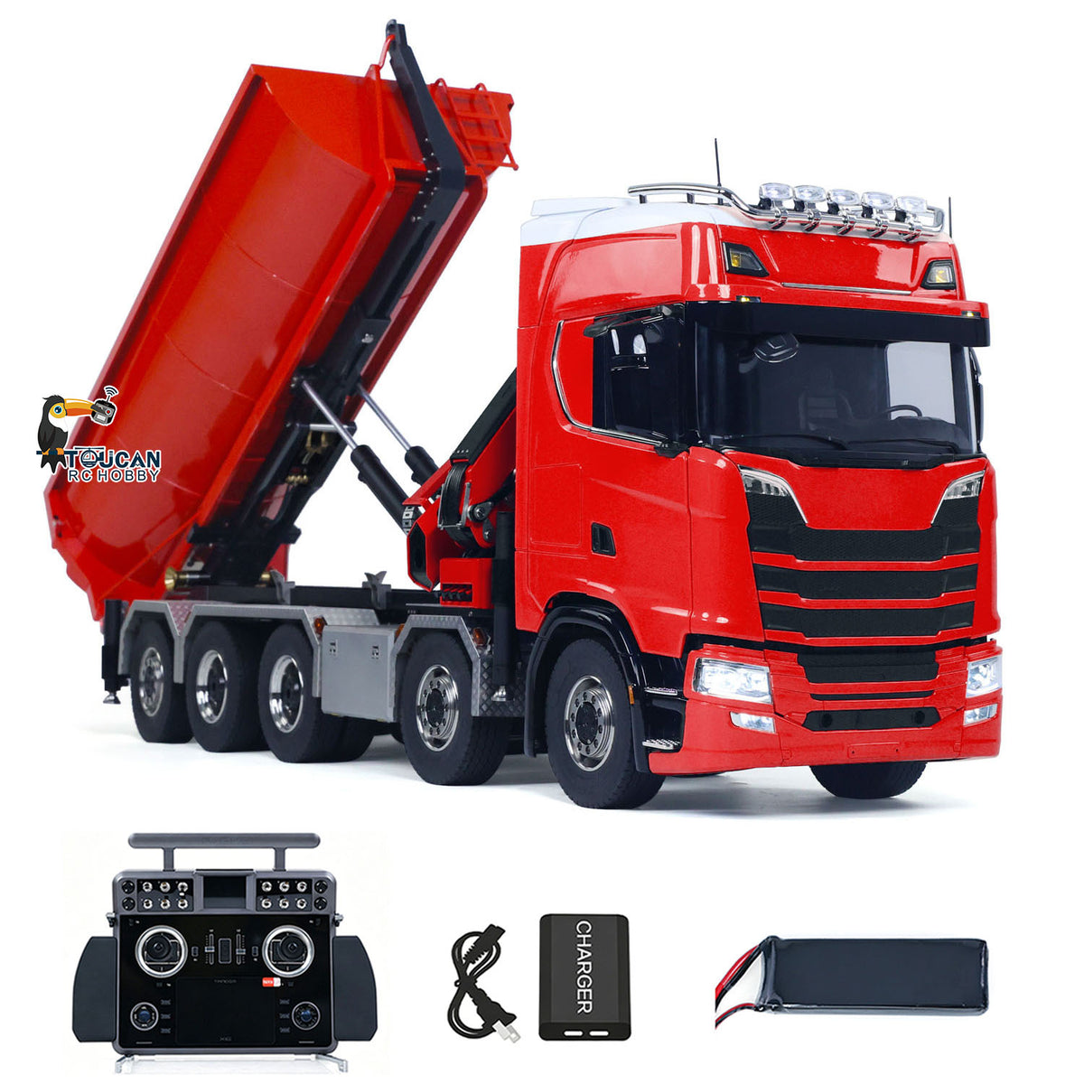 TOUCAN RC HOBBY LXY 770S 1/14 Metal Roll On Off RC Dumper Truck with Crane RTR 10*10 Hydraulic Tipper Vehicle U Shaped Bucket 9CH Valve 3 Speed Gearbox Light Sound Rear Axle Lifting&Steering for RC Construction Model Collectors