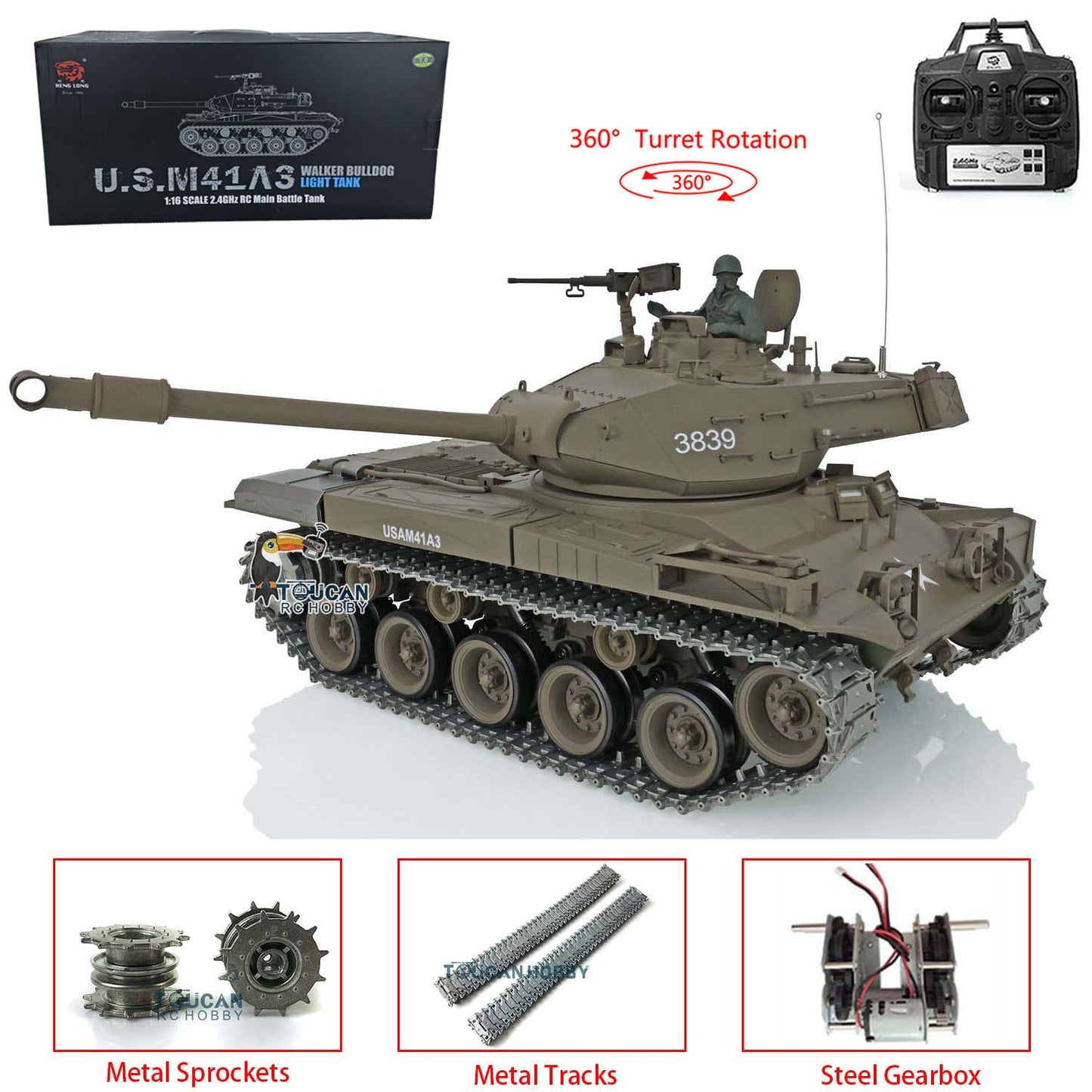 TOUCAN RC HOBBY Henglong 1/16 TK7.0 3838 USA M26 Pershing 3839 Walker Bulldog M41A3 RTR RC Tank 360 Degrees Turret IR BB Smoke Metal Sprockets Tracks Gearbox