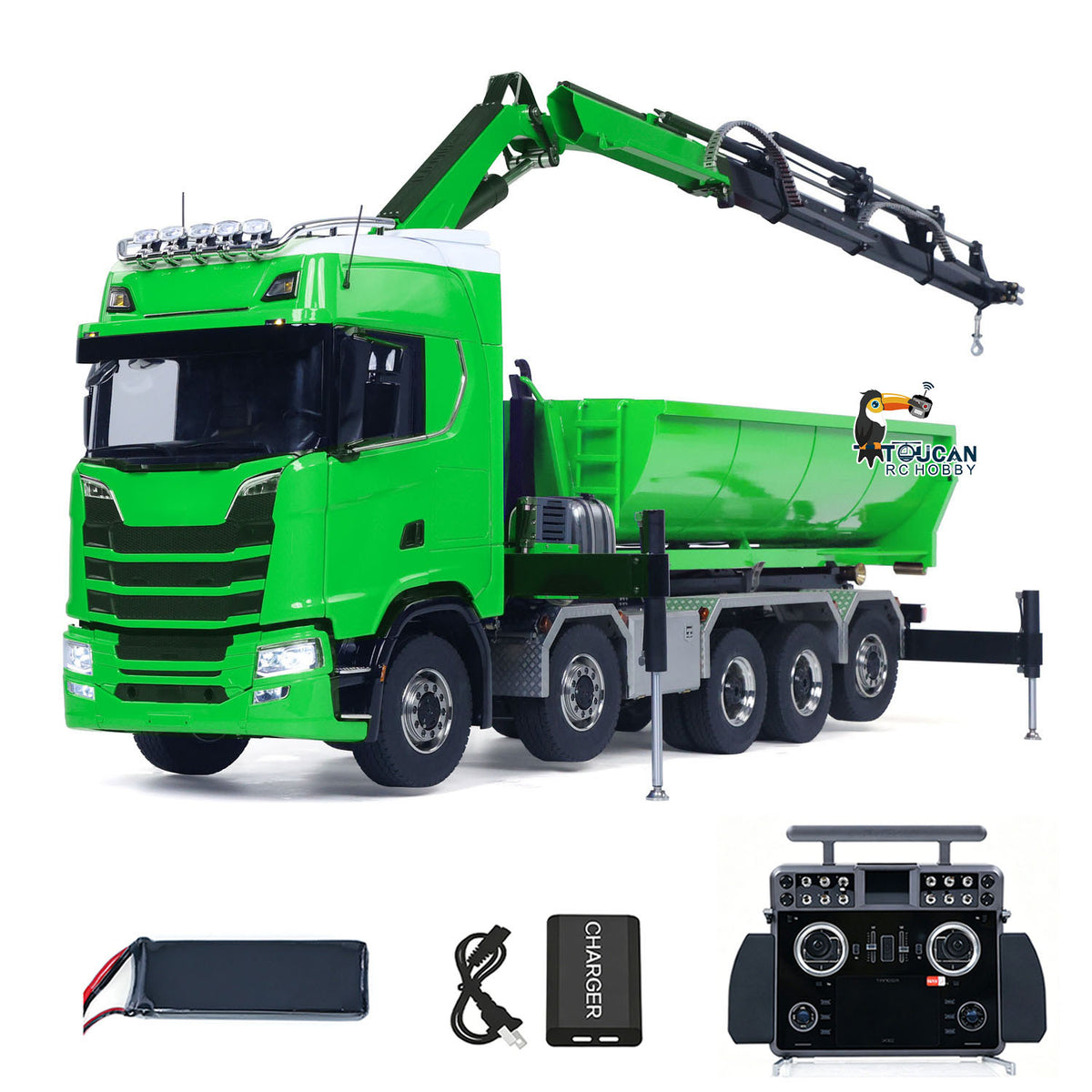 TOUCAN RC HOBBY LXY 770S 1/14 Metal Roll On Off RC Dumper Truck with Crane RTR 10*10 Hydraulic Tipper Vehicle U Shaped Bucket 9CH Valve 3 Speed Gearbox Light Sound Rear Axle Lifting&Steering for RC Construction Model Collectors