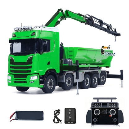 TOUCAN RC HOBBY LXY 770S 1/14 Metal Roll On Off RC Dumper Truck with Crane RTR 10*10 Hydraulic Tipper Vehicle U Shaped Bucket 9CH Valve 3 Speed Gearbox Light Sound Rear Axle Lifting&Steering for RC Construction Model Collectors