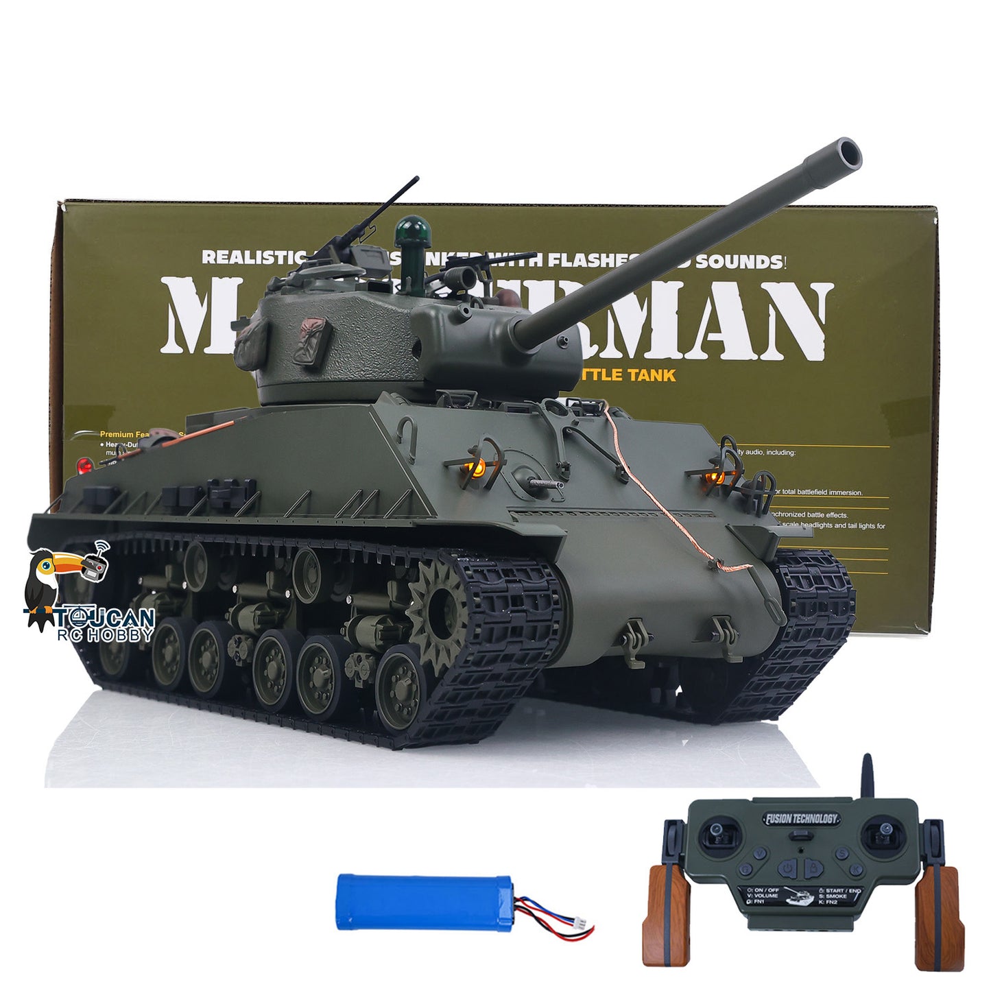 TOUCAN RC HOBBY US Stock RTR 1/16 RC Tank Sherman M4A3E8 IR BB Barrel Elevation Smoking Metal Chassis Tracks Road Wheels Machine Gun 360 Degree Rotation