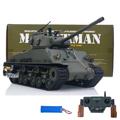 TOUCAN RC HOBBY US Stock RTR 1/16 RC Tank Sherman M4A3E8 IR BB Barrel Elevation Smoking Metal Chassis Tracks Road Wheels Machine Gun 360 Degree Rotation