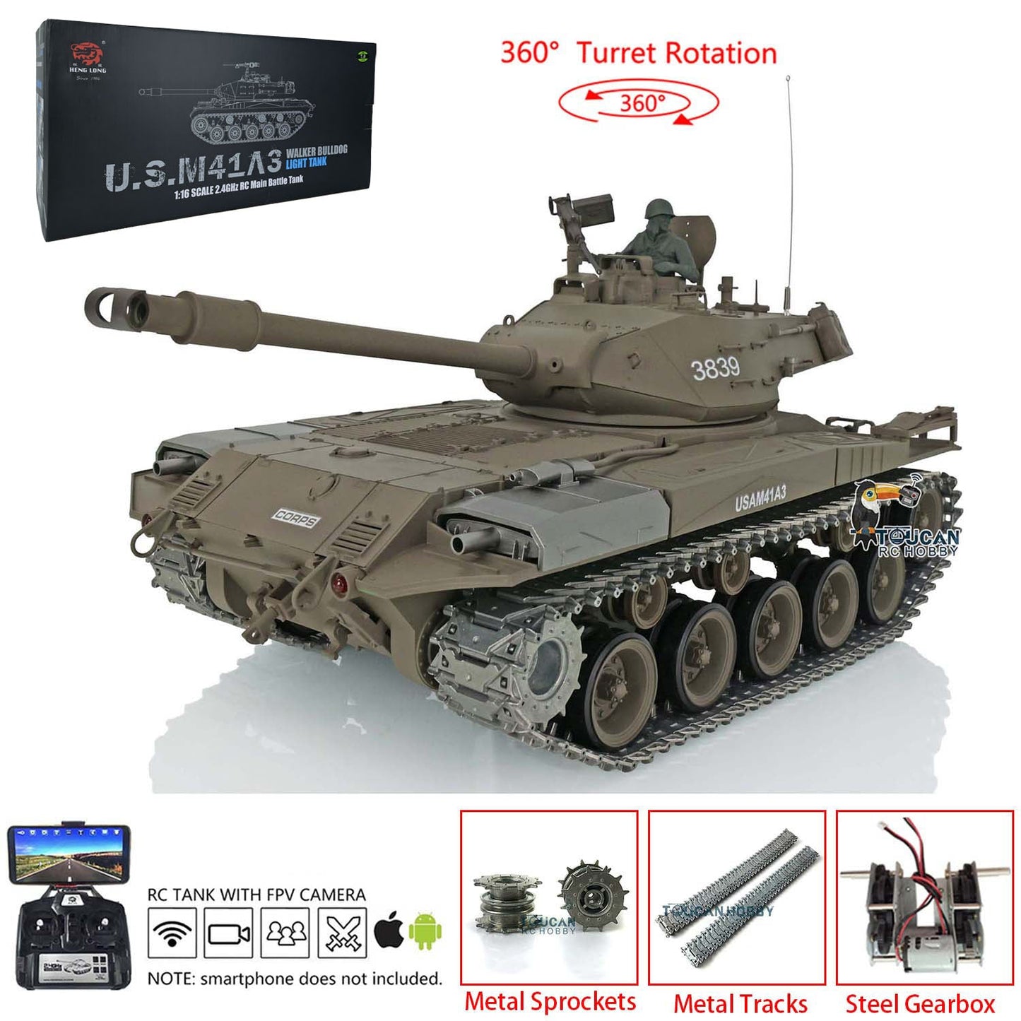 TOUCAN RC HOBBY Henglong 1/16 TK7.0 USA Walker Bulldog 3839 RTR RC Tank FPV 360 Degrees Turret Smoke IR BB Unit Metal Tracks Gearbox Sprockets Wheels