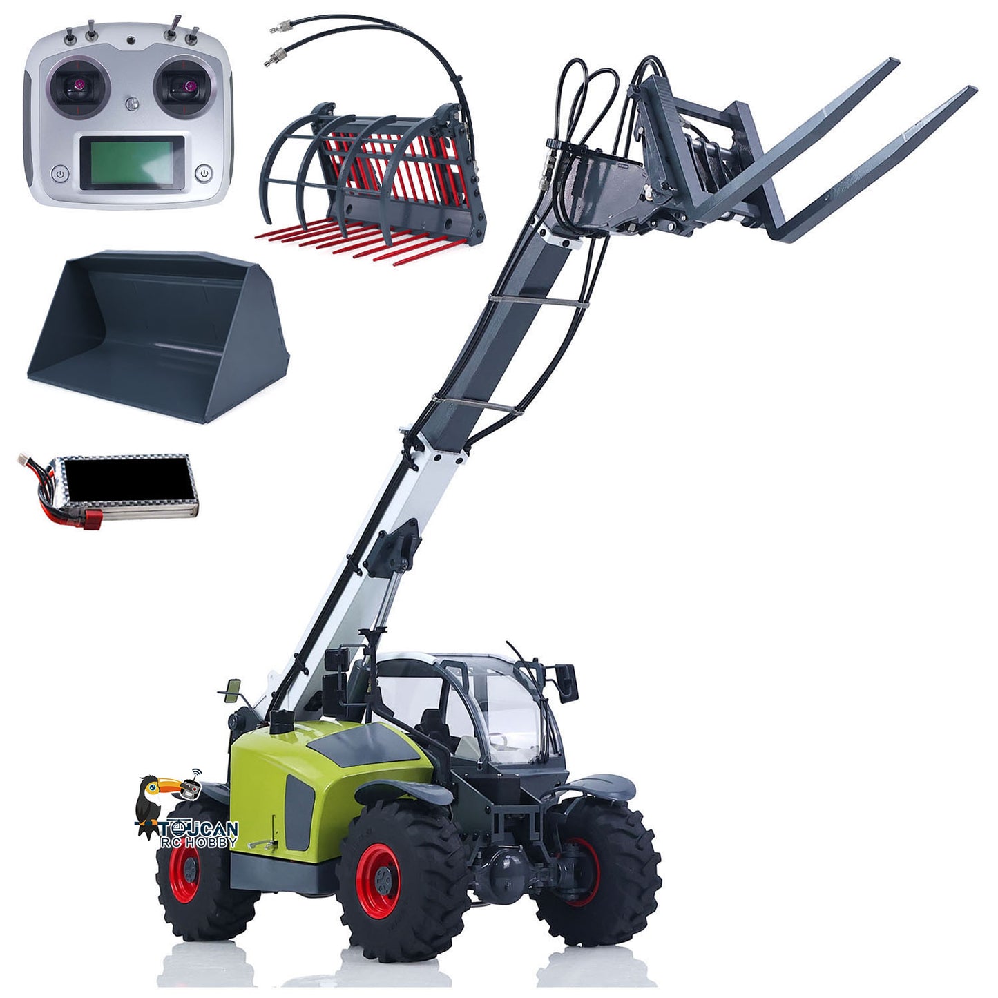 US Stock JDM-128 1/14 Metal Remote Control Hydraulic Telescopic Forklift Painted Model Axle Locks Quick Coupler No Light Sound System