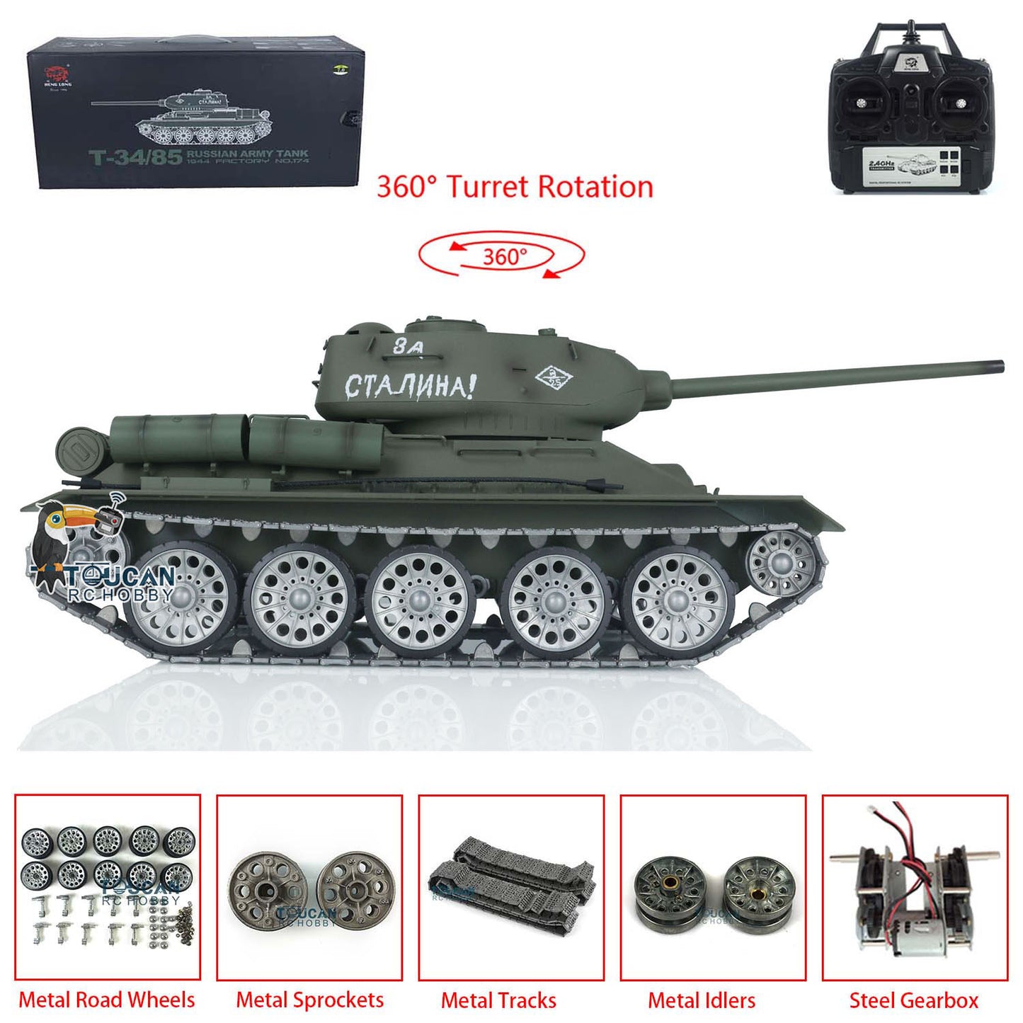 Henglong 1/16 7.0 Soviet T34-85 RC Tank 3909 360 Degrees Metal Wheels Tracks Wheels Suspension Radio Controller Infrared Combating Transmitter & Receiver