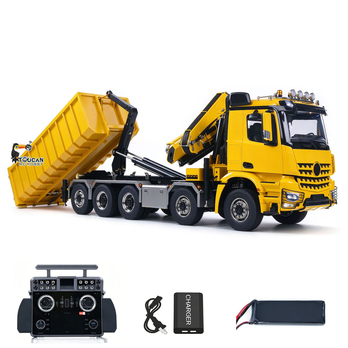 TOUCAN RC HOBBY LXY 1:14 10*10 RC Hydraulic Crane Full Dump Metal Lorry Rear Axle Steering with U-shaped Short High Standard Bucket Timber Flatbed