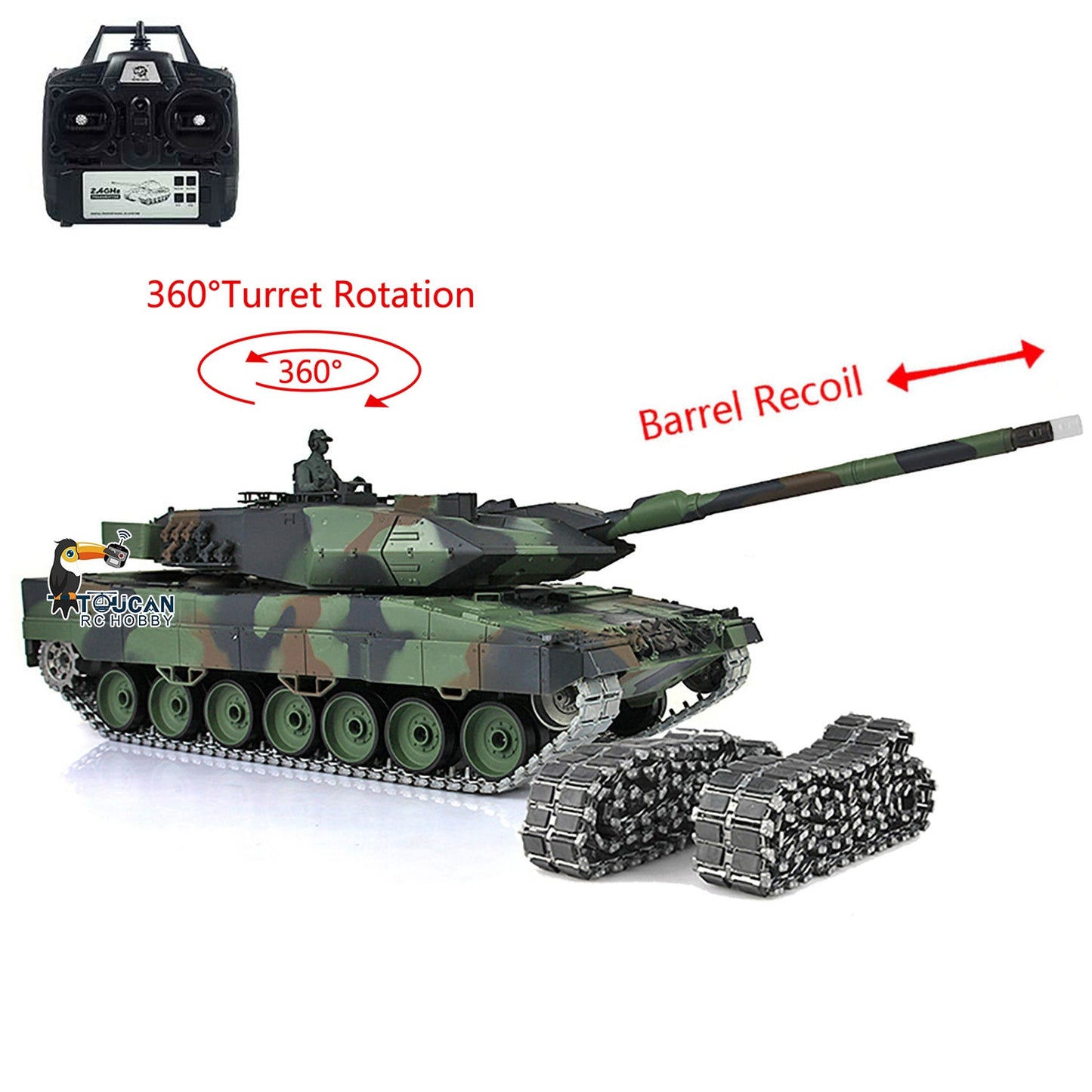 TOUCAN RC HOBBY Henglong 1/16 TK7.0 3889 Leopard2A6 RTR RC Tank 360 Degrees Turret Barrel Recoil Smoke BB IR Metal Single Rubber Tracks Sprockets Idlers Wheels Gearbox