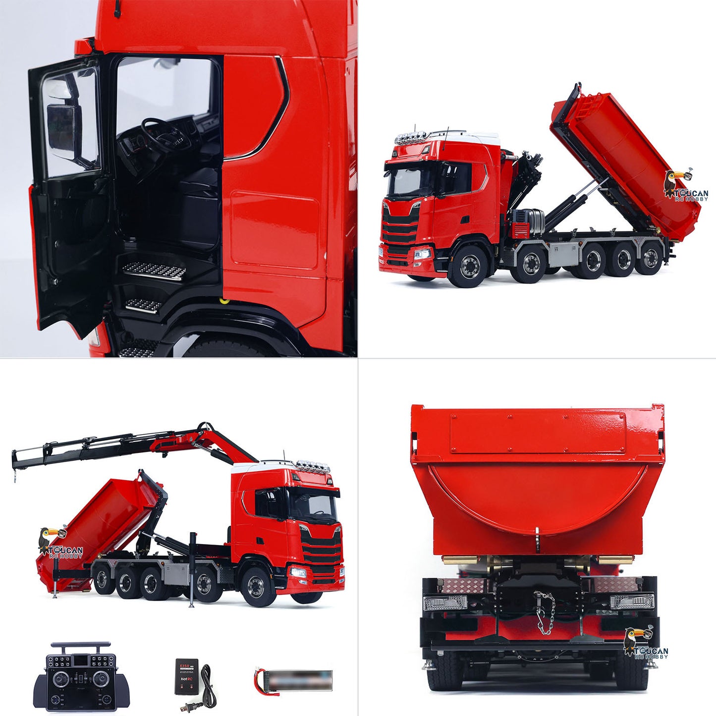 1/14 10x10 Remote Control Hydraulic Crane Dump Truck Metal Chassis Rail RC Full Tipper 770S Differential Lock Rear Steering Axle
