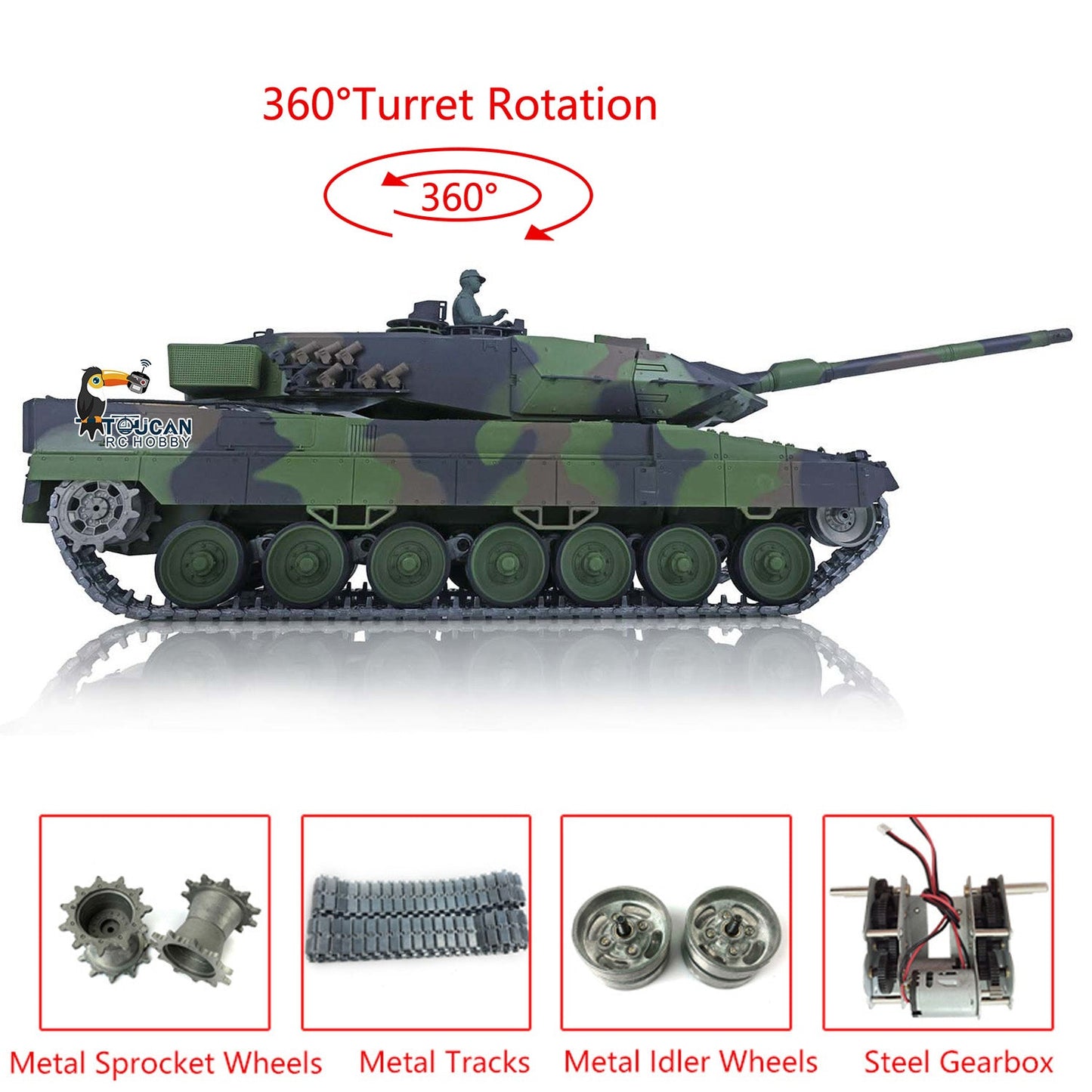 TOUCAN RC HOBBY Henglong 1/16 TK7.0 Leopard2A6 RTR RC Tank 3889 with 360 Degrees Turret BB Infrared Combat Smoke Metal Tracks Sprockets Idlers Wheels