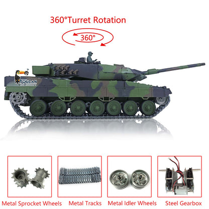 TOUCAN RC HOBBY Henglong 1/16 TK7.0 Leopard2A6 RTR RC Tank 3889 with 360 Degrees Turret BB Infrared Combat Smoke Metal Tracks Sprockets Idlers Wheels
