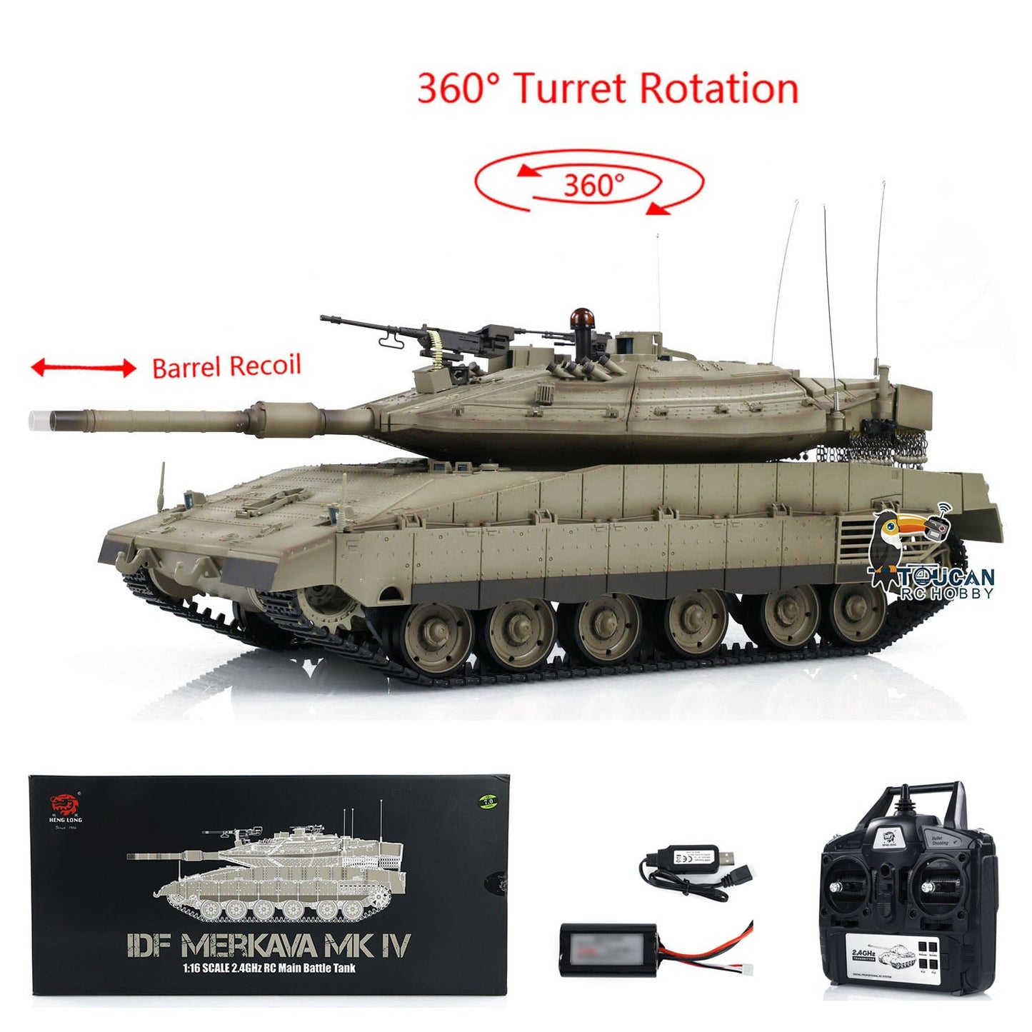 In Stock Heng Long 1/16 RC Battle Tank IDF Merkava MK IV 3958 Turret 360 Degree Rotating Barrel Recoil Radio Controlled Model