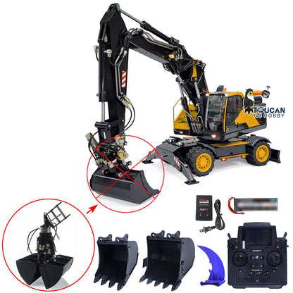 1:14 RC Hydraulic Digger Metal 3-Arm EC380 Wheeled Remote Controlled Excavators Grab Tiltable Clamshell Bucket Simulation Model