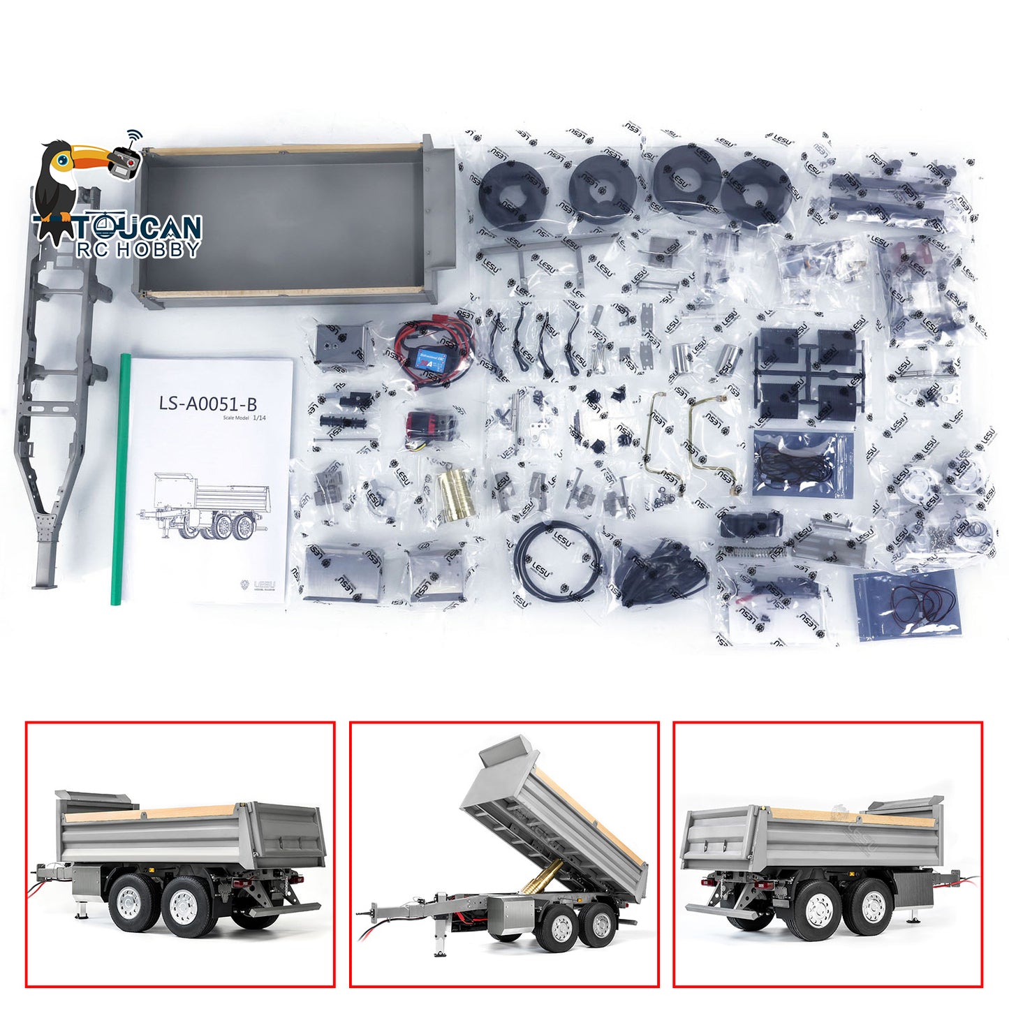 LESU 2-Axle Metal 1/14 RC Hydraulic Full Trailer Remote Control Self-dumping Truck Model DIY Car Optional Versions KIT