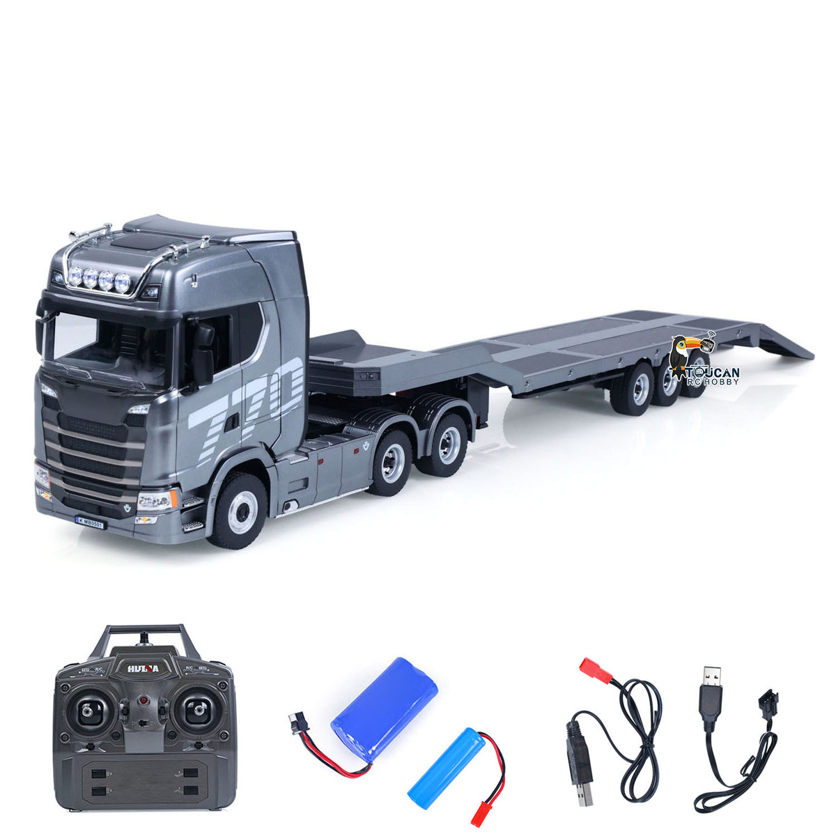TOUCAN RC HOBBY US Stock HUINA 770S 1/18 Remote Control Tractor Truck Electric Support Legs Tail Board 3Axle Plastic Semi Flatbed Trailer RTR Model