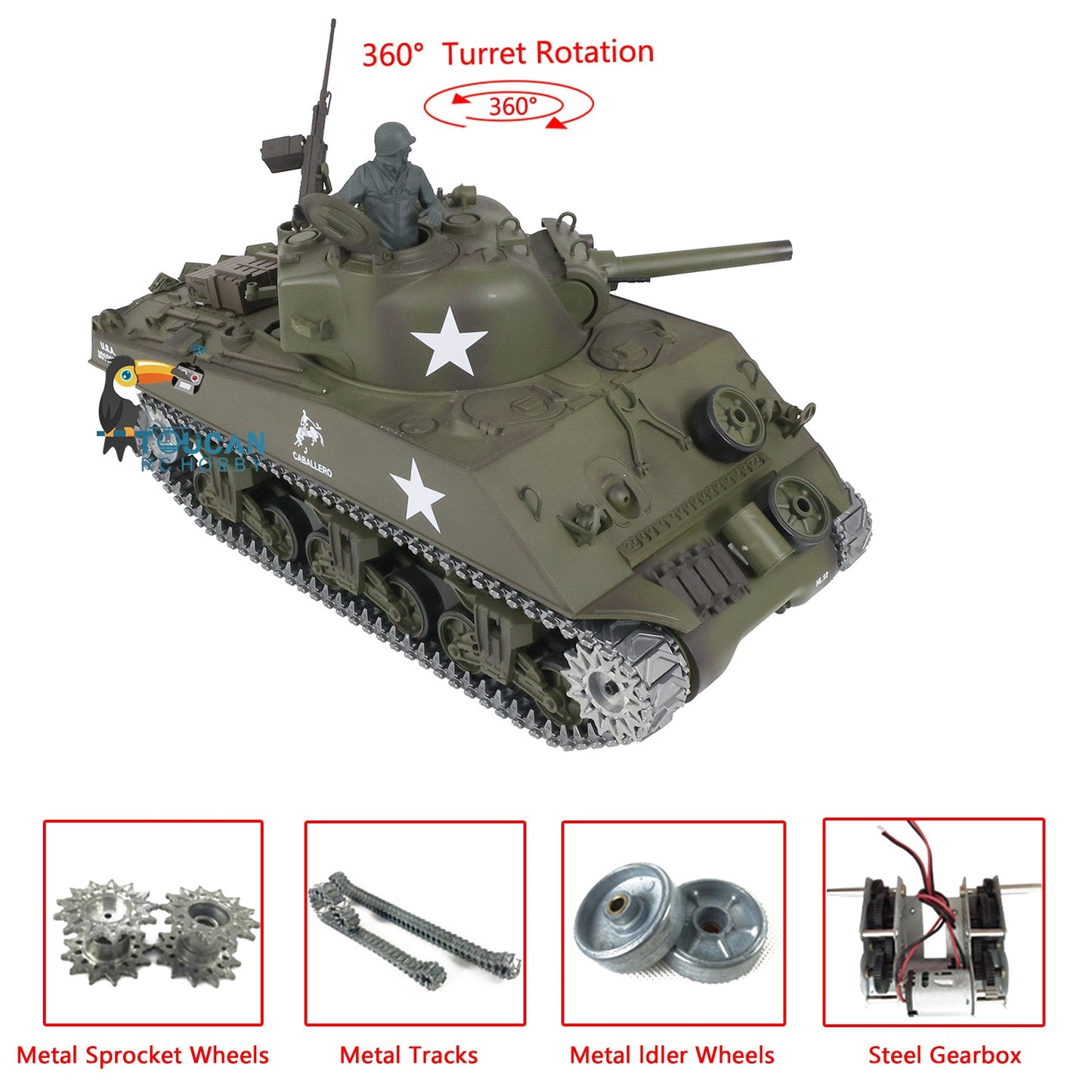 TOUCAN RC HOBBY Henglong 1/16 TK7.0 Promotion USA M4A3 Sherman RTR RC Tank 3898 360 Degrees Turret Smoke BB IR Metal Barrel Tracks Sprockets Idlers Wheels Gearbox