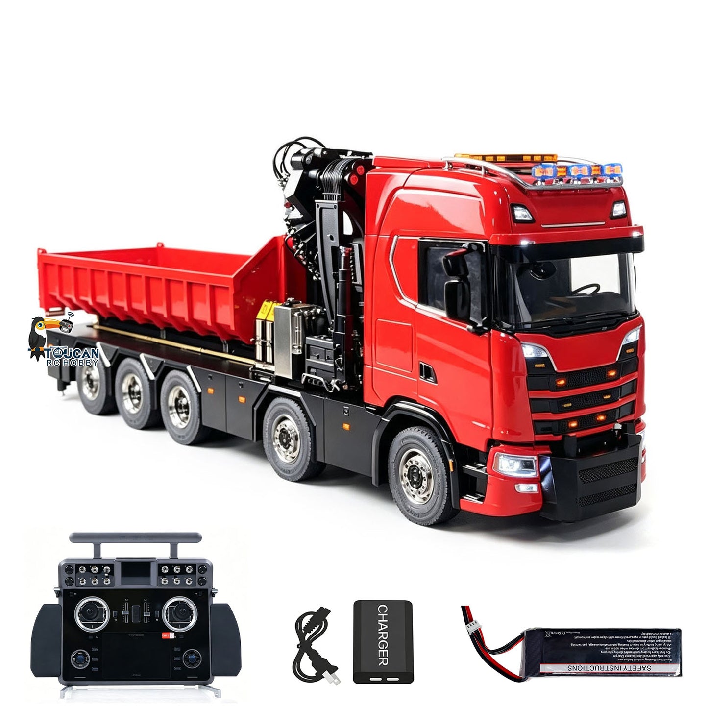 TOUCAN RC HOBBY 770S 1/14 Metal 10x10 RC Roll On Off Crane Dump Truck RTR 10CH Valve 3-Speed Gearbox Fly Jib Arm Winch Differential Locks Light Sound Rear Axle Lift Steering