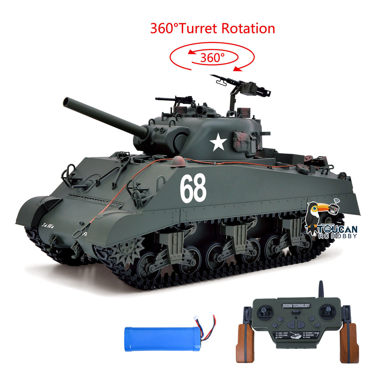 TOUCAN RC HOBBY HHRC Sherman M4A3 1/16 RC Tank Upgraded Side Skirts Infrared System Barrel Elevation Smoke Unit Metal Chassis Gearbox 360 Degrees Turret