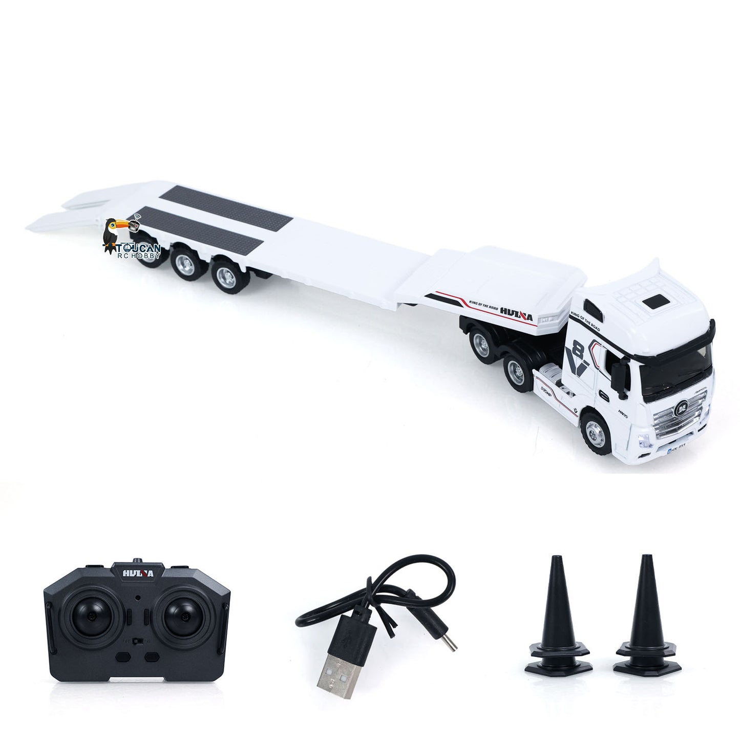 US Stock TOUCAN RC HOBBY RTR HUINA 9900 1/64 Remote Control Tractor Truck W/ 3Axle Plastic Semi Flatbed Trailer Lights Sound Effect Manual Support Legs