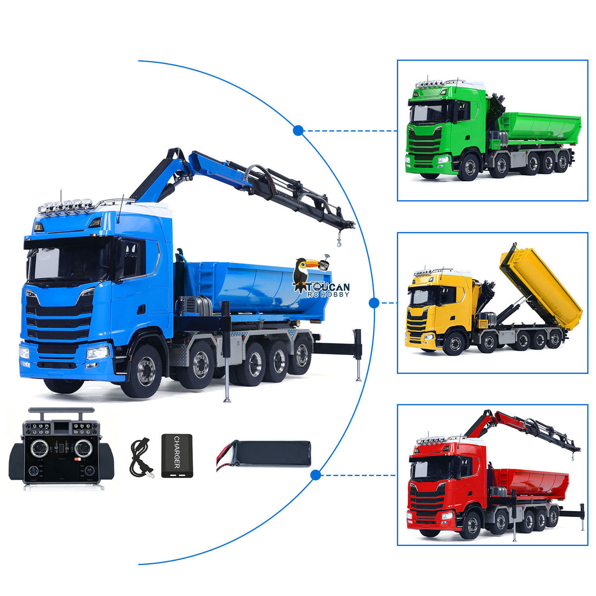 TOUCAN RC HOBBY LXY 770S 1/14 Metal Roll On Off RC Dumper Truck with Crane RTR 10*10 Hydraulic Tipper Vehicle U Shaped Bucket 9CH Valve 3 Speed Gearbox Light Sound Rear Axle Lifting&Steering for RC Construction Model Collectors