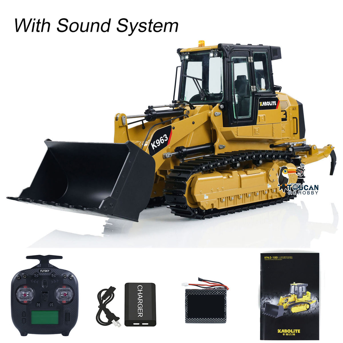 TOUCAN RC HOBBY Kabolite K963-100 1/16 Metal RC Hydraulic Loader RTR Dual Motor Drive FlySky ST8 Controller Light & Sound System Battery Liftable Rear Plow for RC Model Enthusiast Outdoor