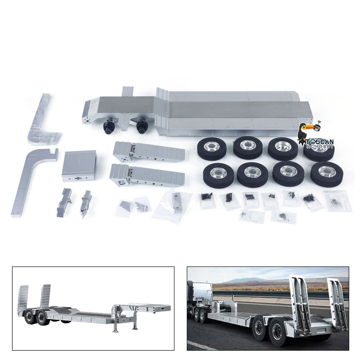 US Stock 1/14 DoubleE Metal 2 Axels Low Trailer Flatbed E012 001 for Remote Control Tractor Truck E113 RC Lorry Car Model Upgrade Parts