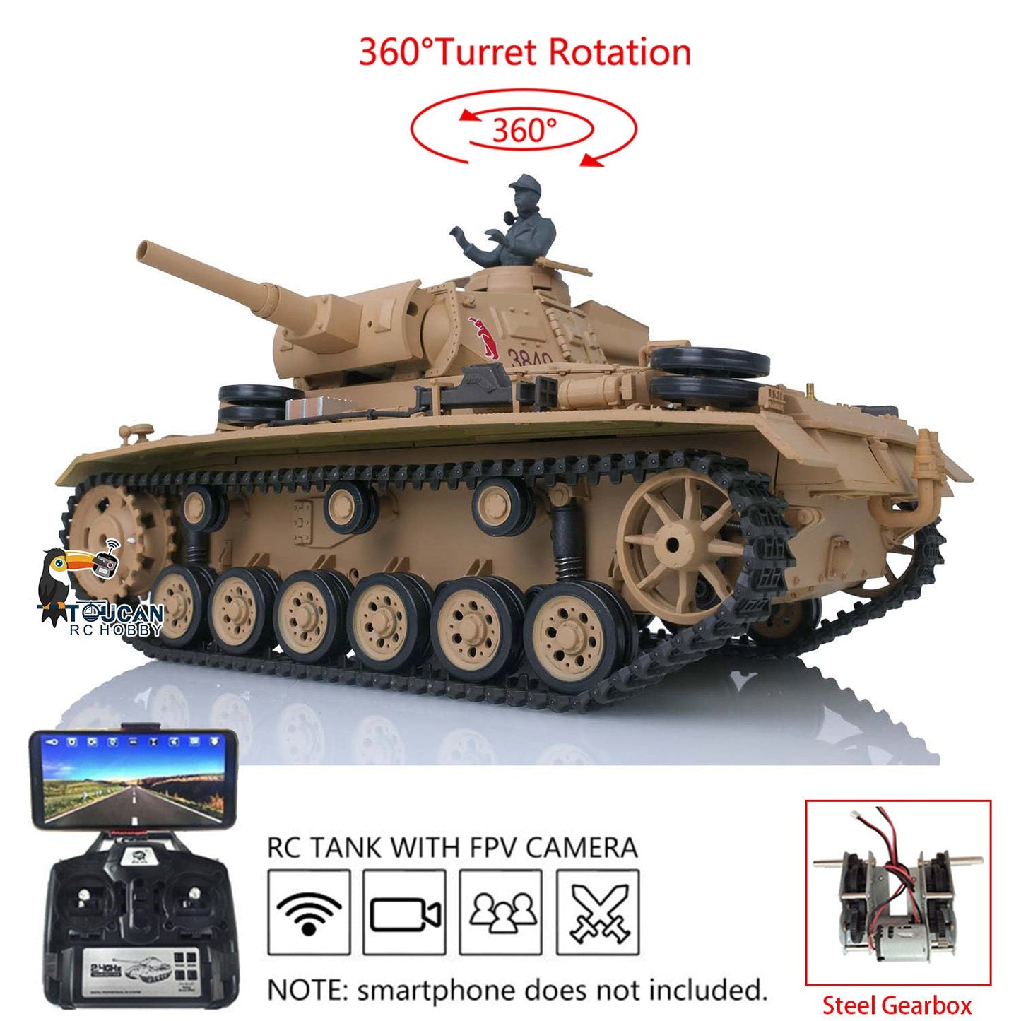 TOUCAN RC HOBBY Henglong 1/16 Plastic 7.0 3848 3849 Panzer III H L RC Tank FPV 360 Degree Turret Infrared System BB Smoke Steel Driving Gearbox Metal Barrel