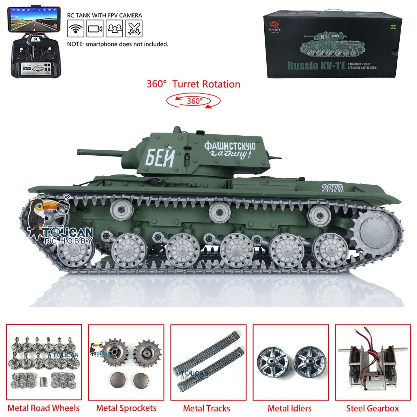 TOUCAN RC HOBBY Heng Long TK7.0 1/16 T72 3939 Soviet Union KV-1 3878 RC Tank FPV 360 Degree Turret BB IR Metal Barrel Tracks Drive Idler Road Wheels