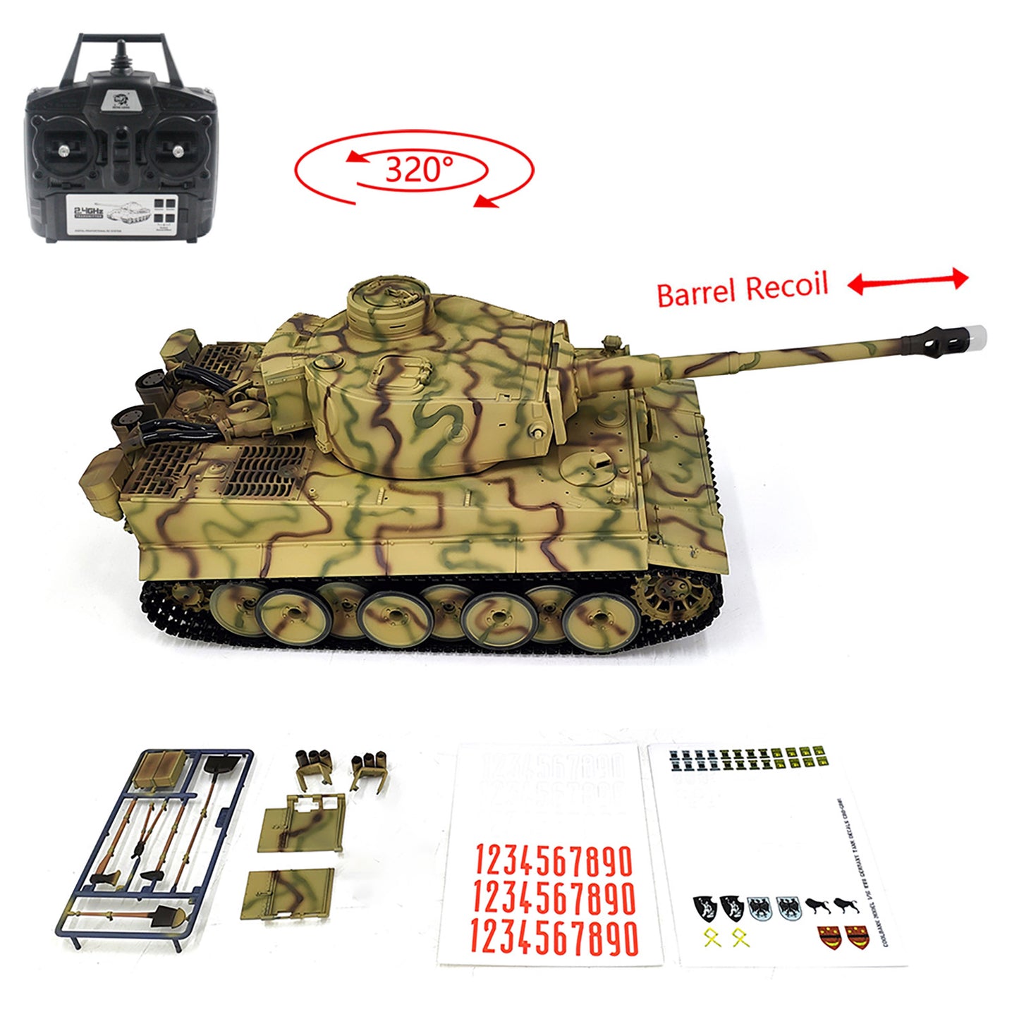 2.4Ghz Henglong 1/16 7.0 Plastic German Tiger I RTR RC Tank 3818 BB IR Barrel Recoil Steel Gearbox 320 Degree Rotating Turret