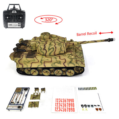 2.4Ghz Henglong 1/16 7.0 Plastic German Tiger I RTR RC Tank 3818 BB IR Barrel Recoil Steel Gearbox 320 Degree Rotating Turret