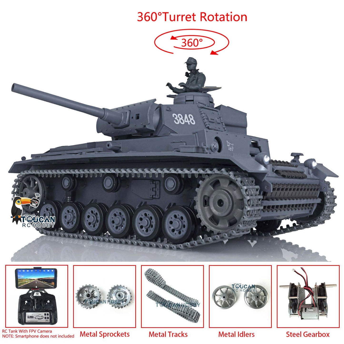 TOUCAN RC HOBBY Henglong 1/16 TK7.0 Promotion German Panzer III L RTR RC Tank 3848 FPV 360 Degrees Turret IR BB Smoke Metal Barrel Idlers Sprockets Wheels Tracks Gearbox