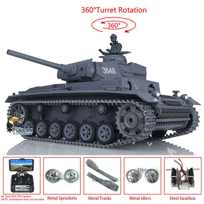 TOUCAN RC HOBBY Henglong 1/16 TK7.0 Promotion German Panzer III L RTR RC Tank 3848 FPV 360 Degrees Turret IR BB Smoke Metal Barrel Idlers Sprockets Wheels Tracks Gearbox