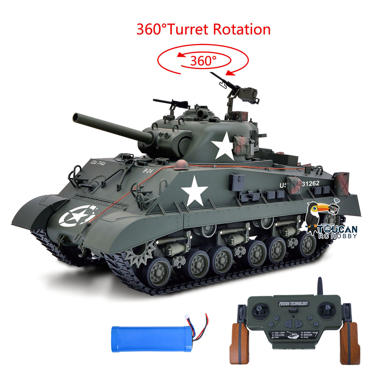 TOUCAN RC HOBBY HHRC Sherman M4A3 1/16 RC Tank Upgraded Side Skirts Infrared System Barrel Elevation Smoke Unit Metal Chassis Gearbox 360 Degrees Turret