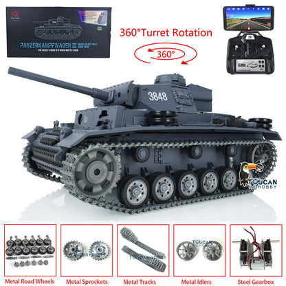 Henglong 1/16 RTR RC Tank 3848 7.0 Customized Panzer III L w/ 360Degrees Rotating Turret FPV Metal Tracks Road Wheels Smoking Gearbox