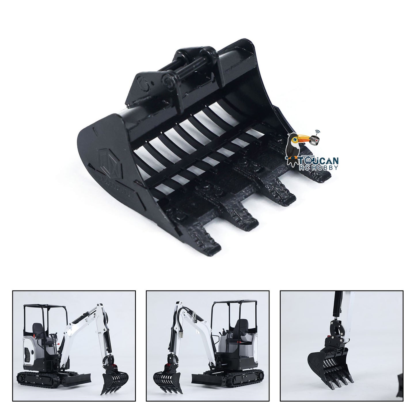 JXModel Metal Ripper Rake Grille Leveling Bucket Leveling Beam Electric Power Rammer Ditch Cleaning Bucket Gripper for 1/14 E20 RC Hydraulic Excavator DIY