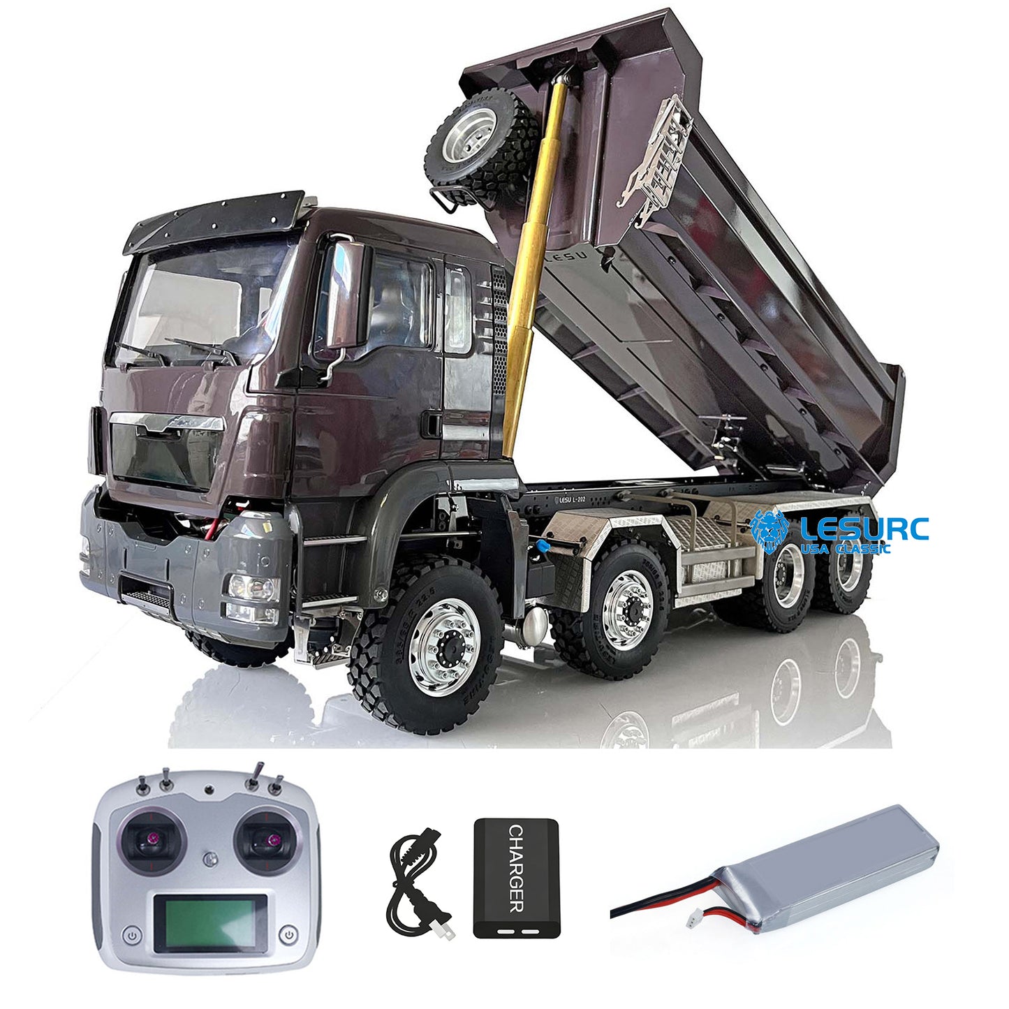 LESU 1/14 8x8 Metal Hydraulic RC Dump Truck Tipper 2 Speed Transmission Axles With Differential Lock FlySky I6S Remote Controller Sound Light System