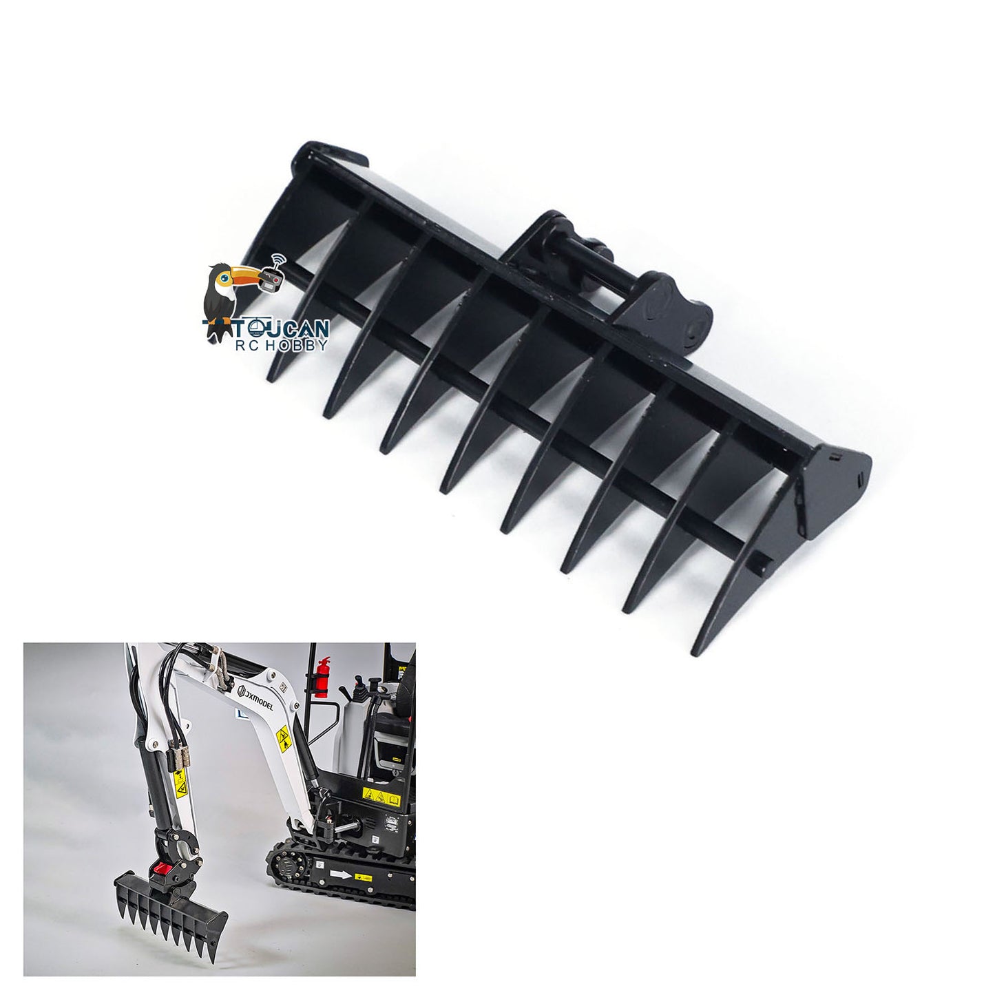JXModel Metal Ripper Rake Grille Leveling Bucket Leveling Beam Electric Power Rammer Ditch Cleaning Bucket Gripper for 1/14 E20 RC Hydraulic Excavator DIY